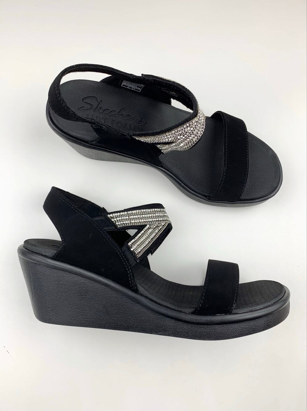 Skechers Rumble On Chart Topper Sandals Black Wedge Heel Comfort Women's 9